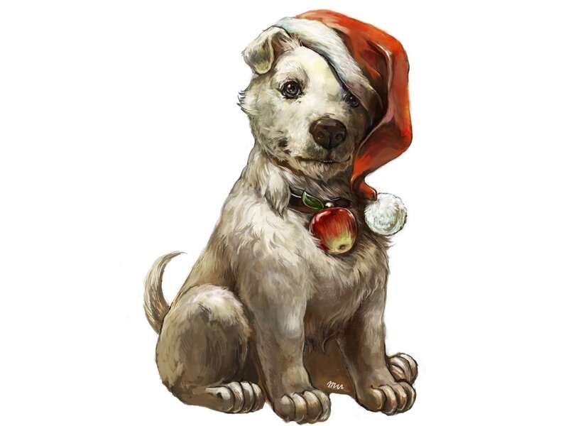 Puppy Wearing Santa Hat — White