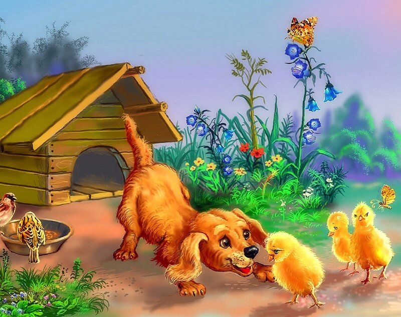 Puppy with Chicks — Green