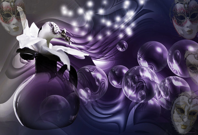 Purple abstract with masks and flowers