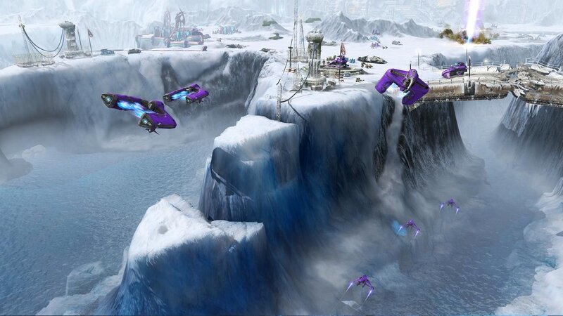 Purple aircraft over icy canyon