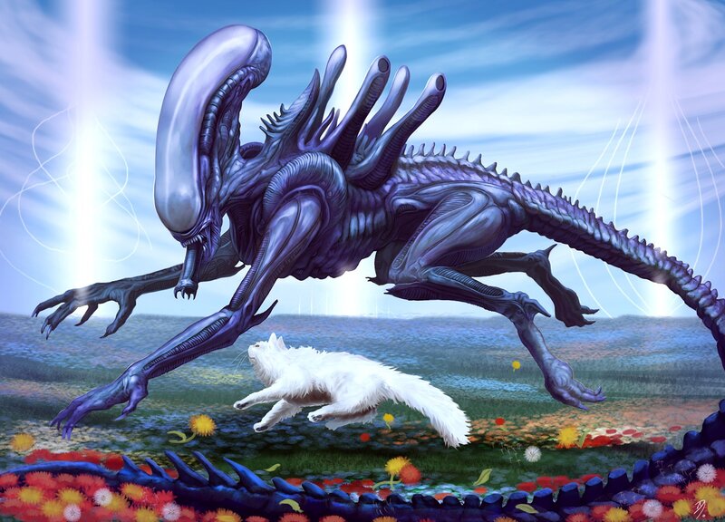 Purple Alien Chasing Cat