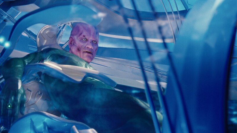 Purple alien in futuristic cockpit