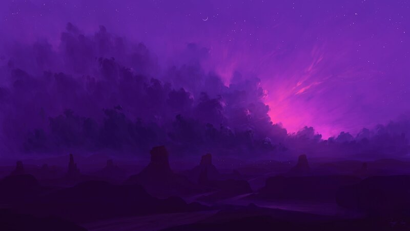 Purple Alien Landscape — Dramatic, Night, Digital Art, Clouds