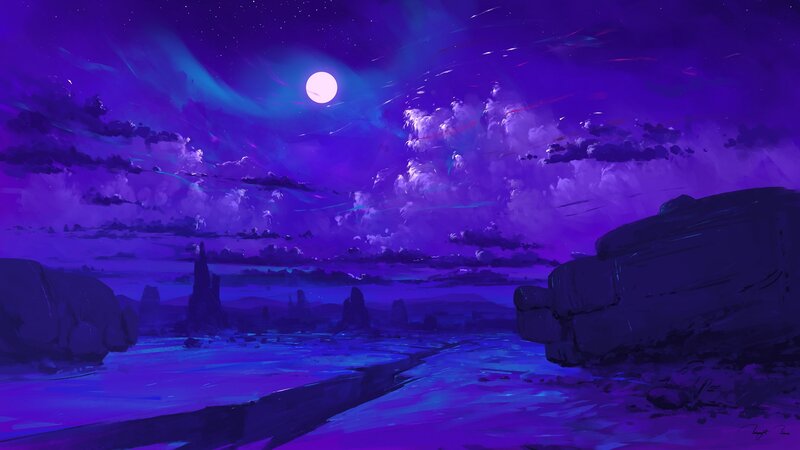 Purple Alien Landscape — Dramatic, Night, Digital Art, Moon