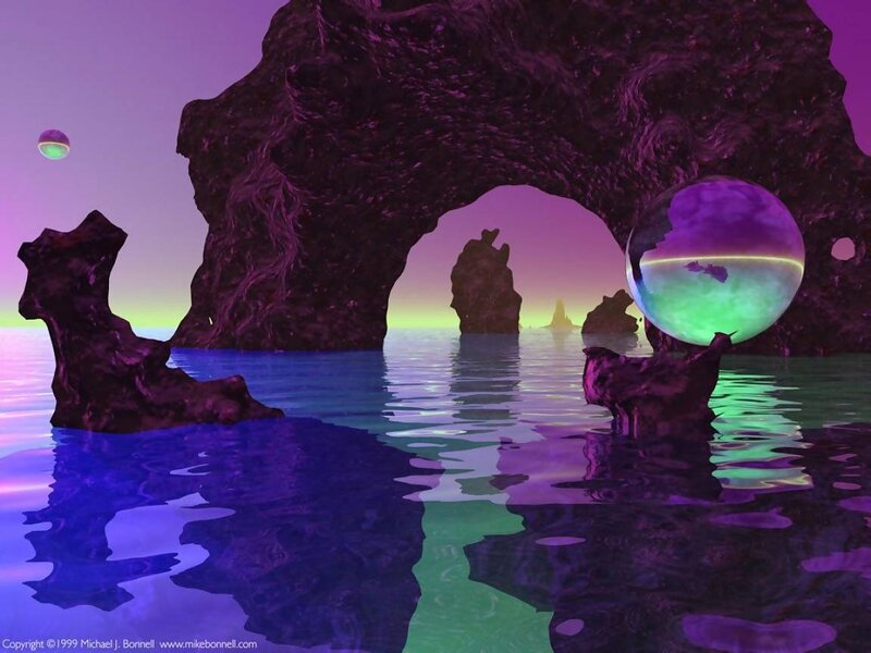 Purple alien landscape with glowing sphere