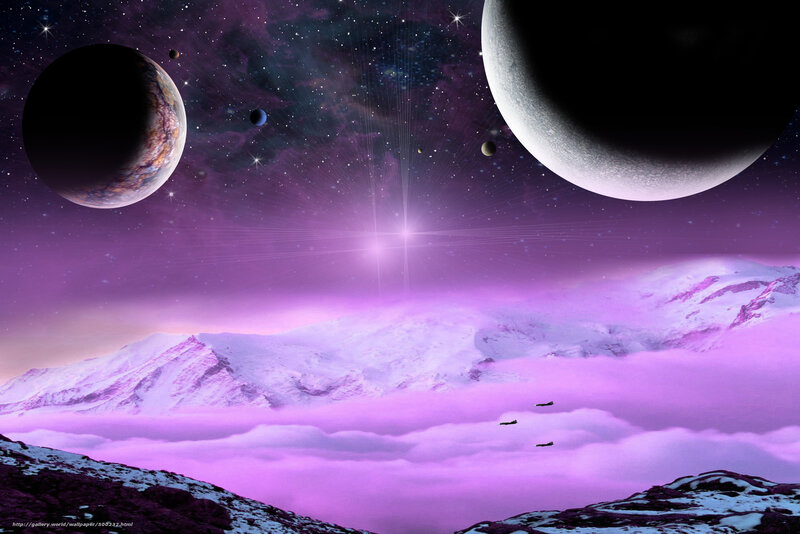 Purple alien landscape with planets