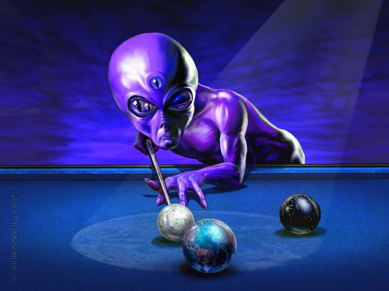 Purple Alien Playing Pool — Blue, Dramatic, Digital Art, Pool Table