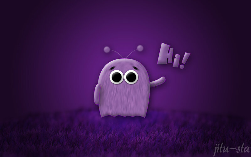 purple alien saying hi