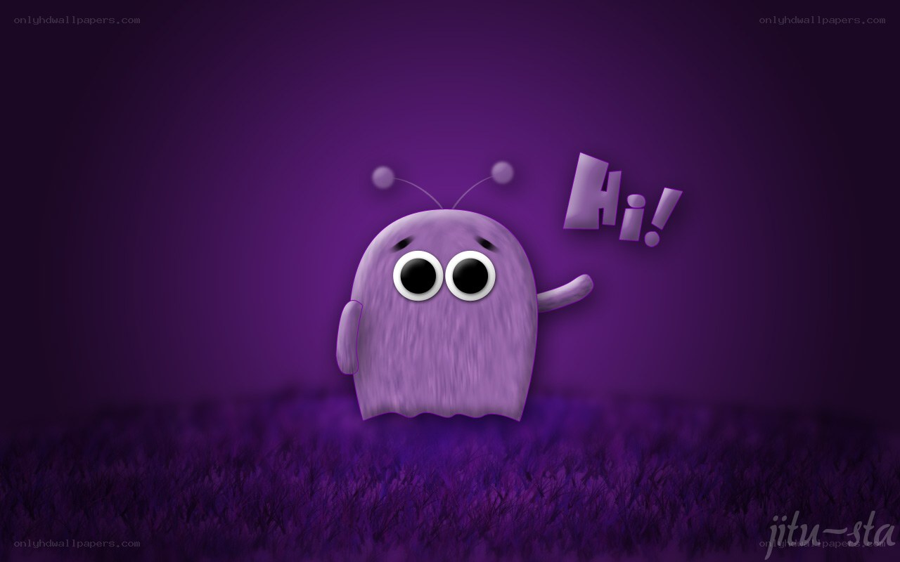 purple alien saying hi