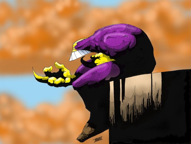 purple alien with yellow claws