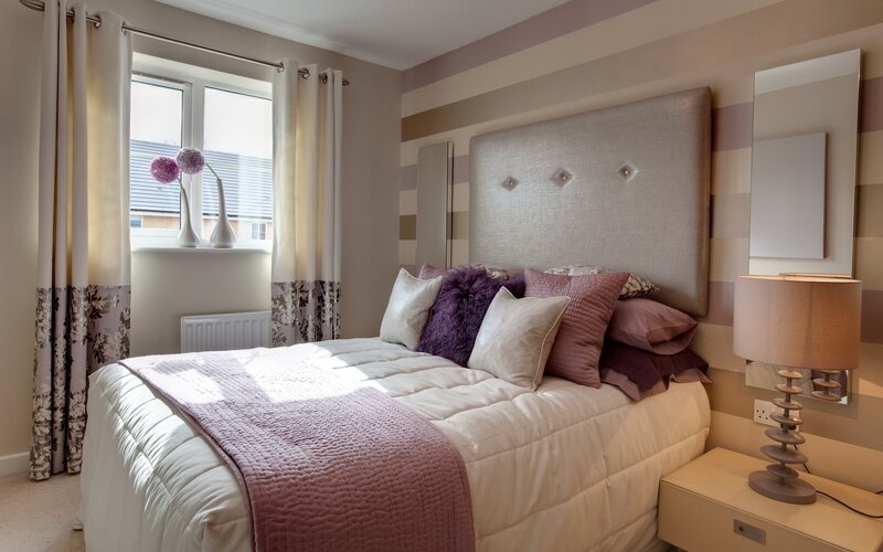 Purple and beige bedroom