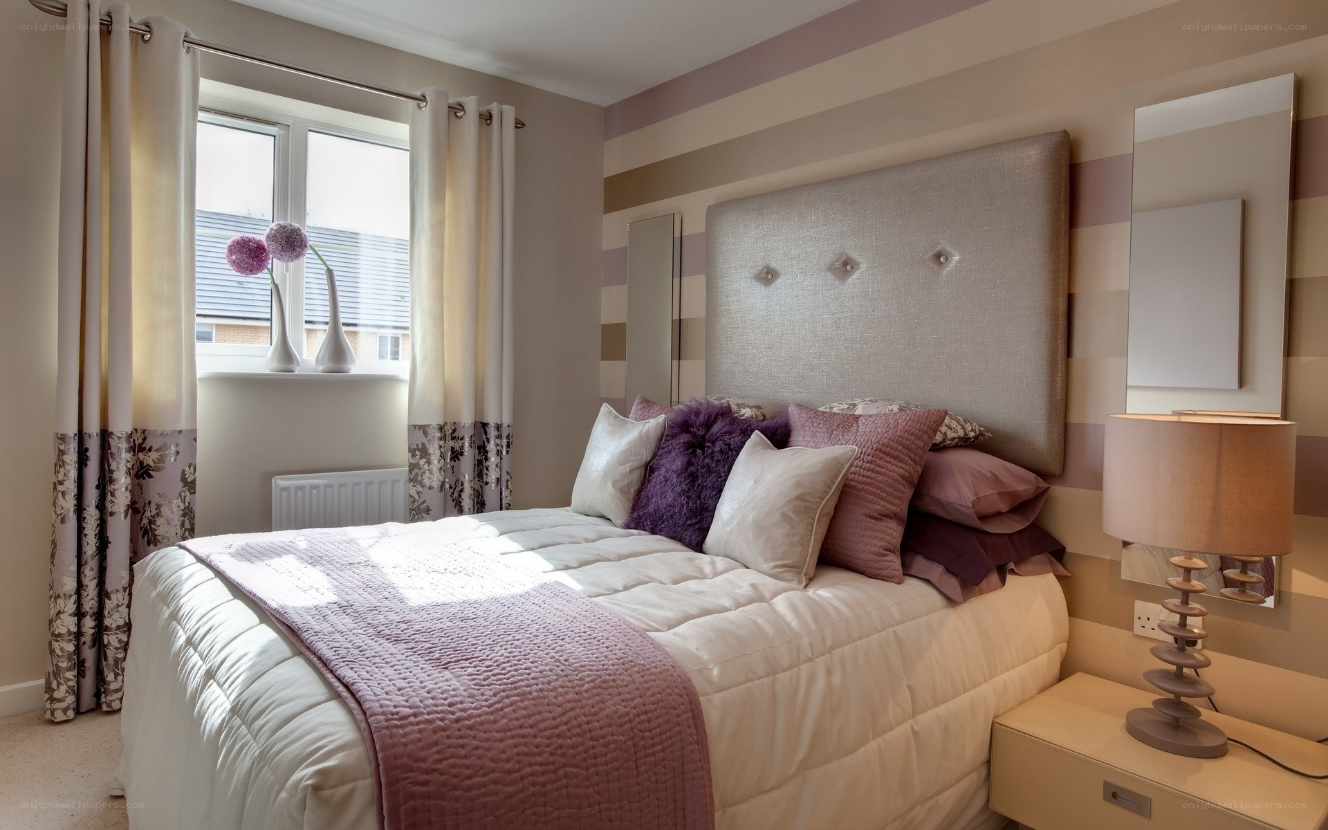 Purple and beige bedroom