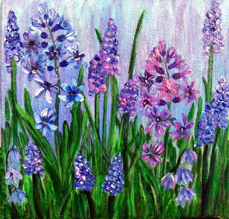 Purple and Blue Flowers — Serene, Spring, Painting