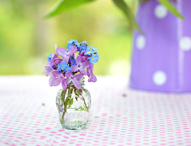 Purple and Blue Flowers — Serene, Spring, Photograph, Vase, Tablecloth
