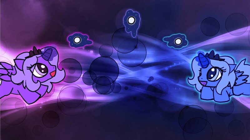 purple and blue ponies in space