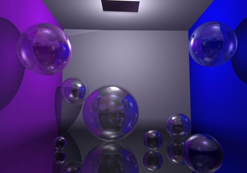 Purple and blue reflective spheres