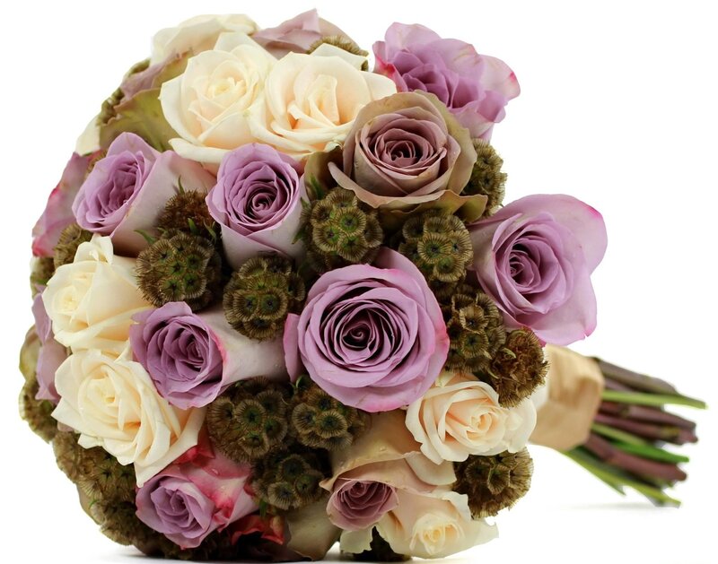 purple and cream rose bouquet