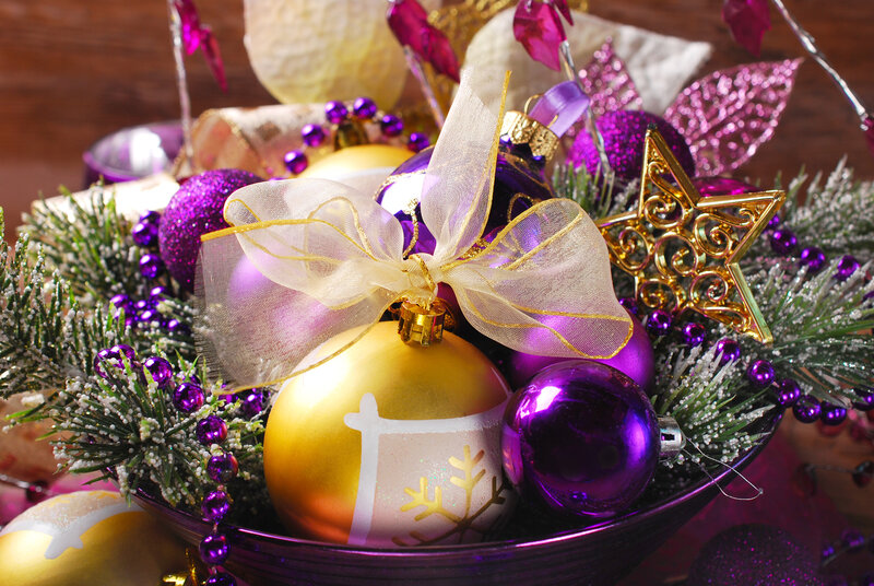 Purple and Gold Ornaments — Festive, Winter, Photograph, Bow
