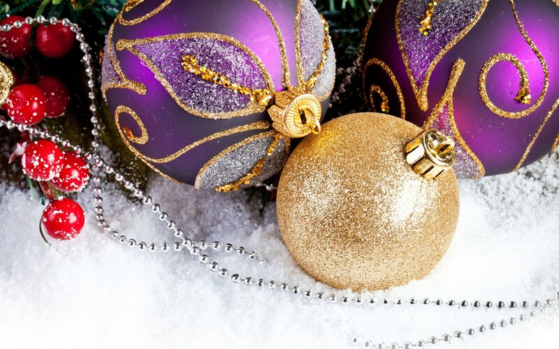 Purple and Gold Ornaments — Festive, Winter, Photograph, Red Berries