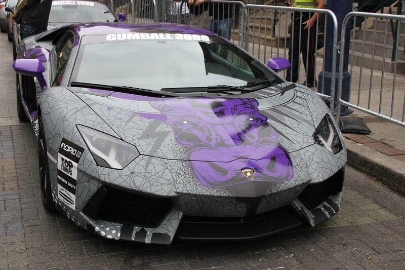 Purple and gray Lamborghini with custom graphics