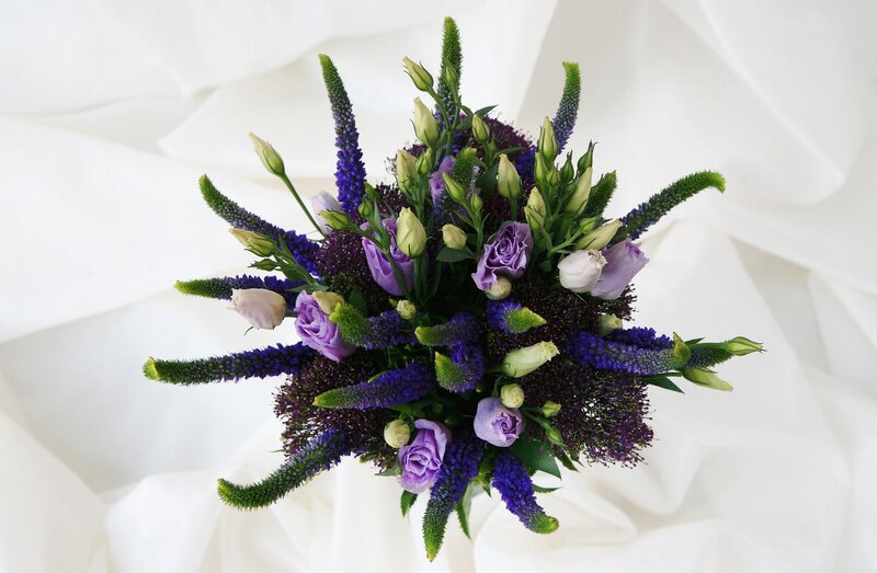 purple and green floral bouquet