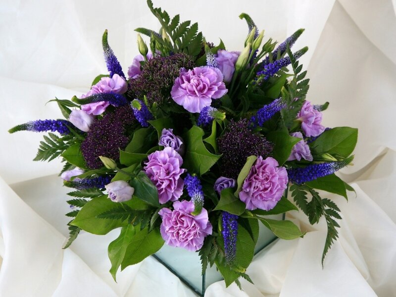 Purple and Green Flower Bouquet — Calm, Photograph, Green Leaves, Carnations