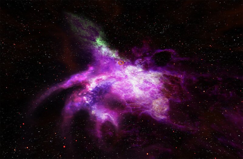 Purple and green nebula in space