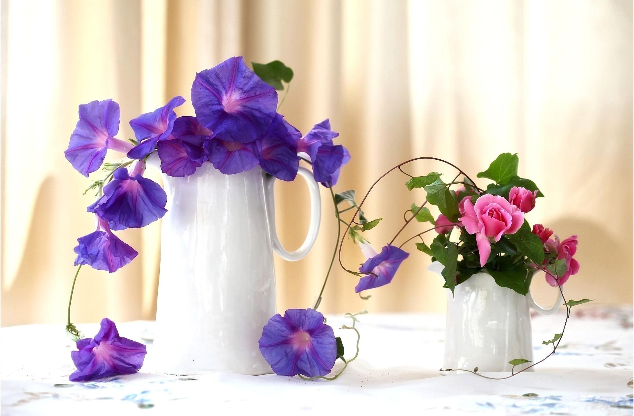 Purple and pink flowers in vases
