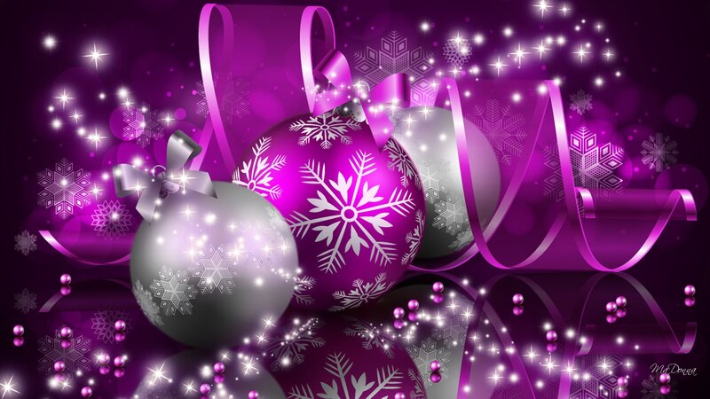 Purple and Silver Ornaments — Festive, Winter, Digital Art