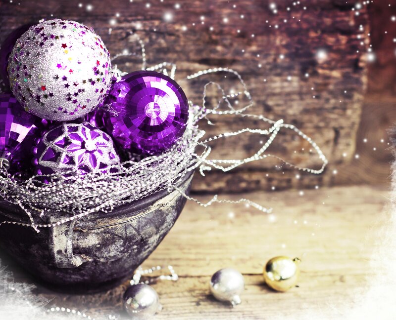 Purple and Silver Ornaments — Festive, Winter, Photograph, Basket