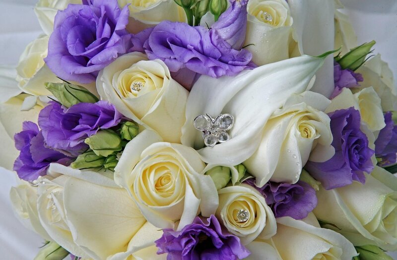 purple and white flower bouquet