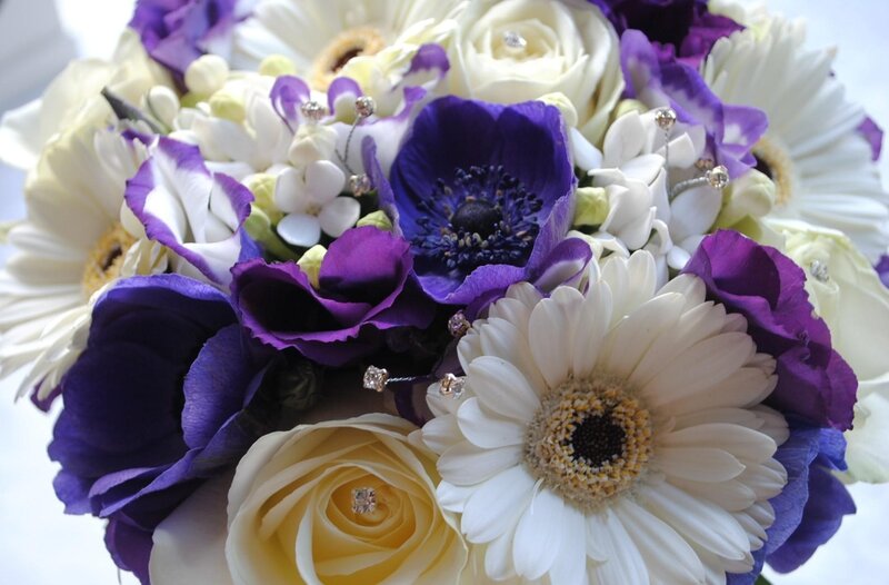 purple and white flower bouquet