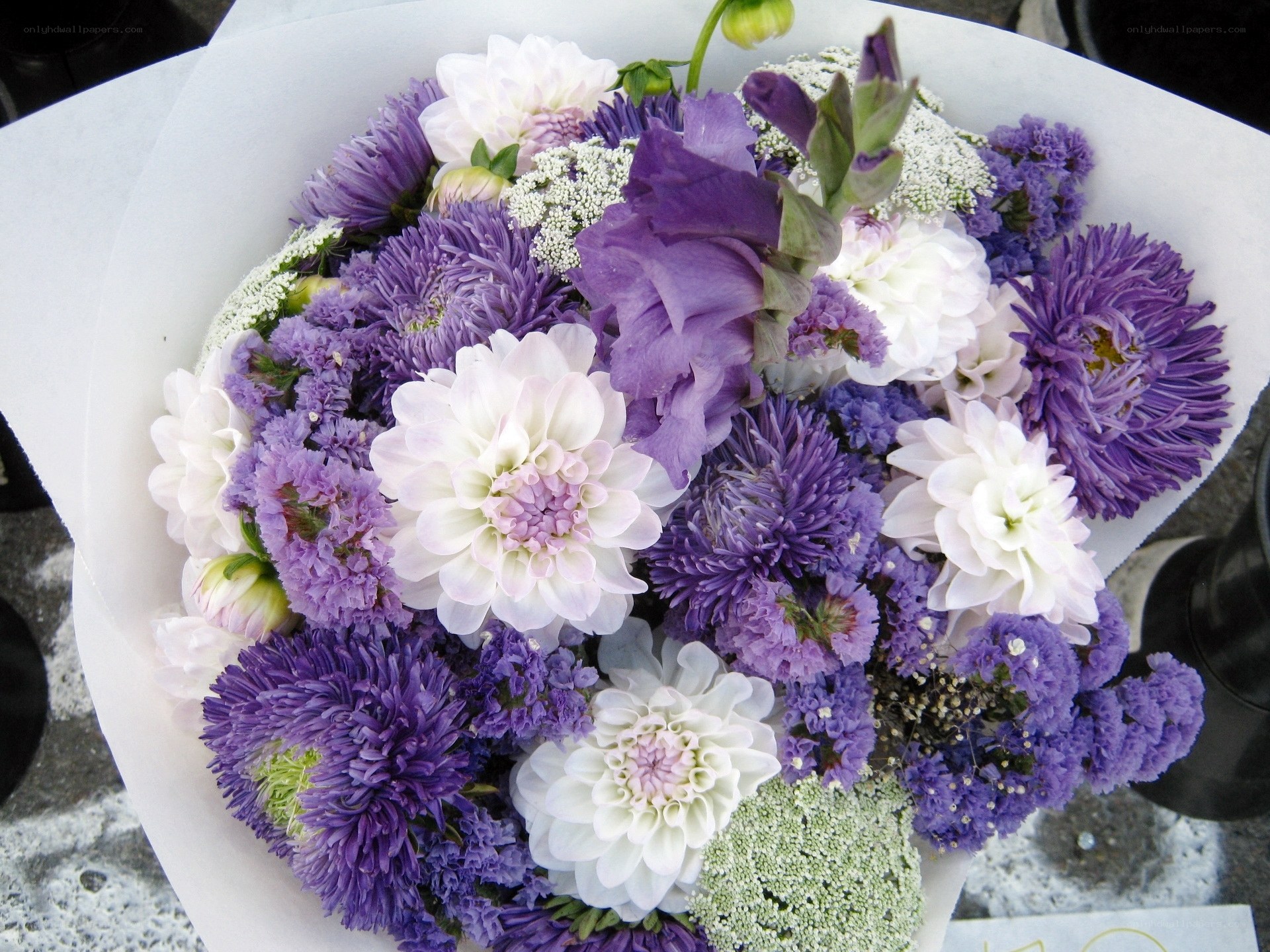 purple and white flower bouquet
