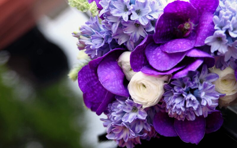 purple and white flower bouquet