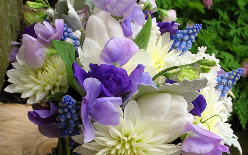 purple and white flower bouquet