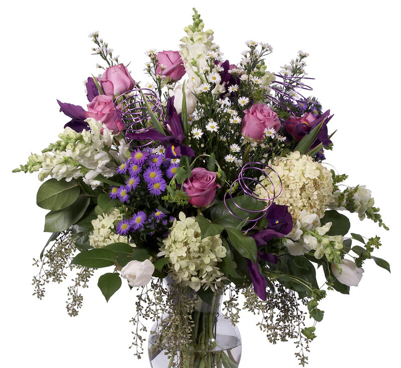 purple and white flower bouquet