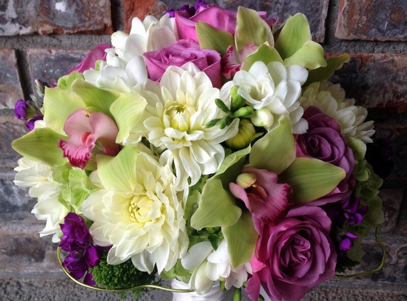purple and white flower bouquet