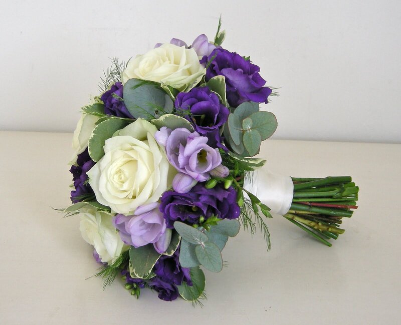 Purple and White Flower Bouquet — Calm, Photograph, Roses, Eucalyptus