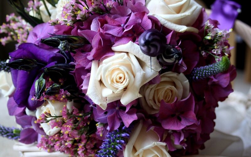 Purple and White Flower Bouquet — Calm, Photograph, Roses, Hydrangeas