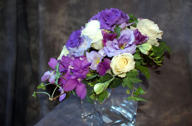 Purple and White Flower Bouquet — Calm, Photograph, Vase