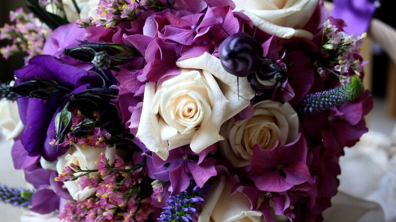 Purple and White Flower Bouquet — Elegant, Photograph, Roses, Hydrangeas