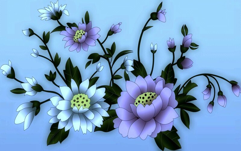 Purple and White Flowers — Blue, Calm, Digital Art, Leaves