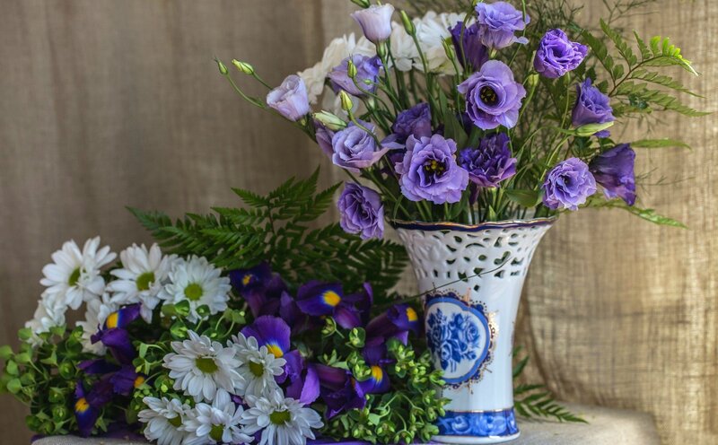 Purple and White Flowers — Calm, Photograph, Vase, Greenery