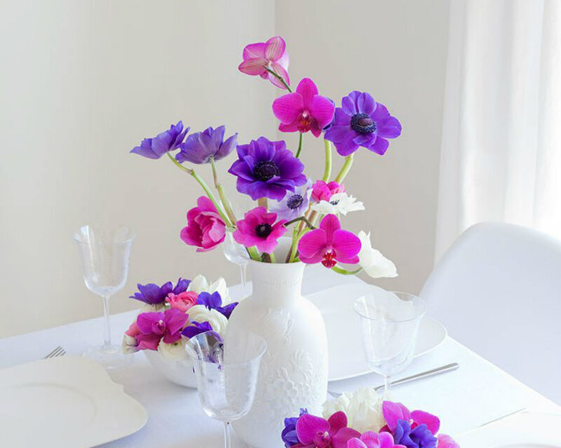 Purple and White Flowers — Serene, Afternoon, Photograph, Vase, Table Setting