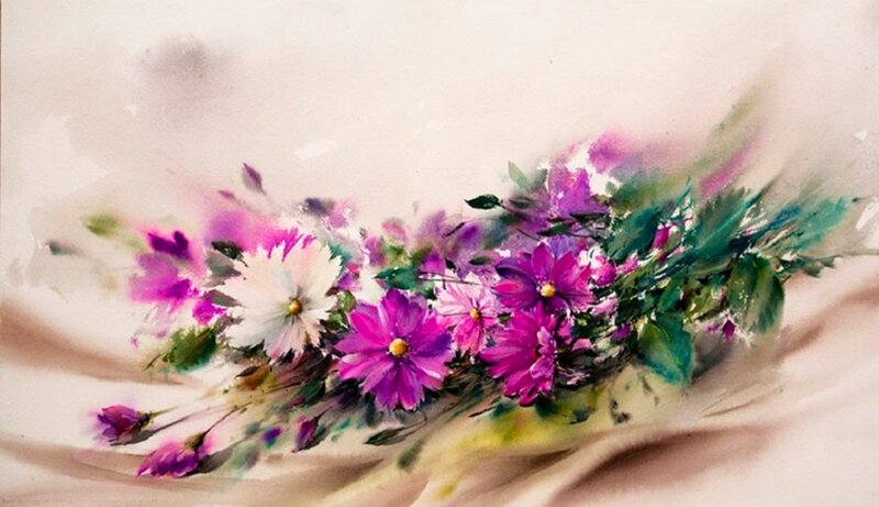 Purple and White Flowers — Serene, Painting, Leaves