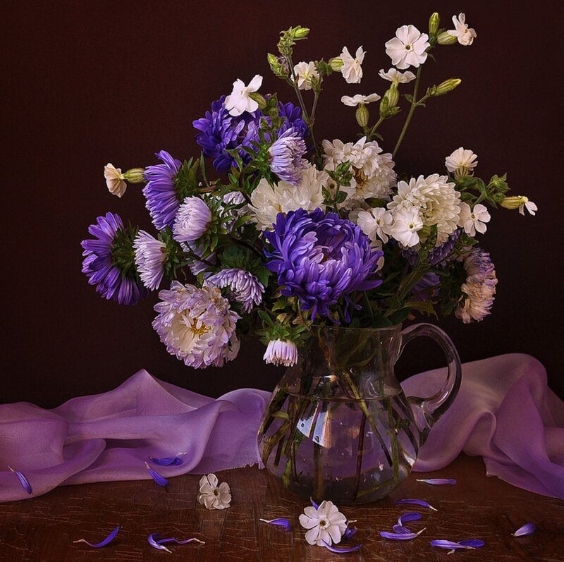 Purple and White Flowers — Serene, Photograph, Vase, Fabric