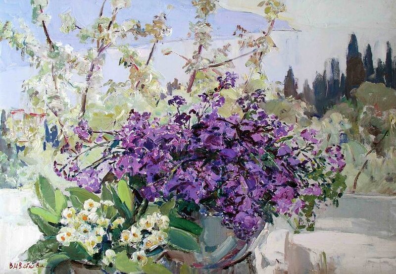 Purple and White Flowers — Serene, Spring, Painting
