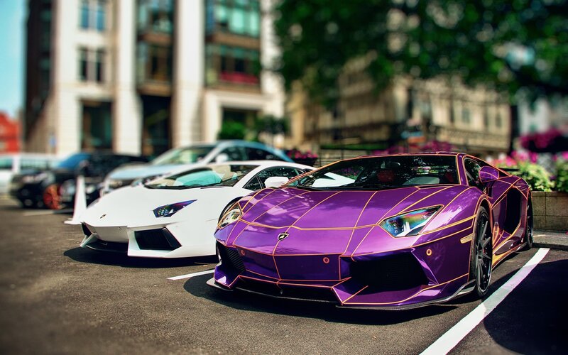 Purple and white Lamborghini cars