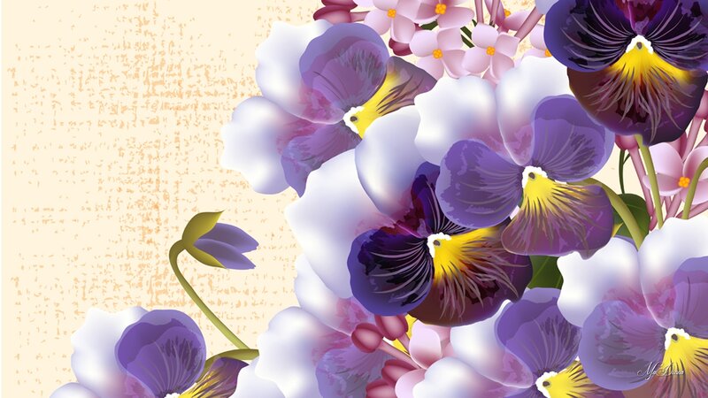 Purple and White Pansies — Calm, Digital Art