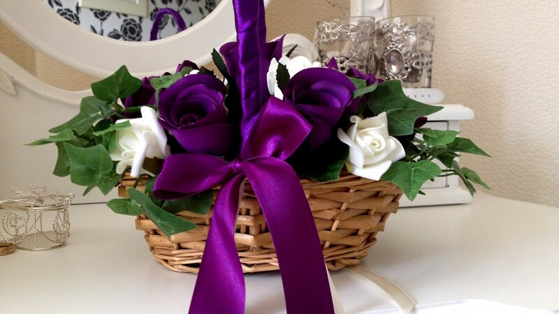 Purple and White Roses in Basket